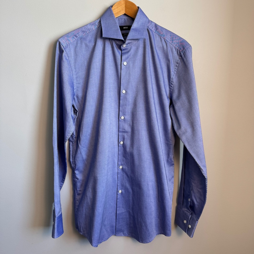 BOSS Hugo Boss Slim Fit Easy Iron Button Up Dress Shirt Purple Mens 16 Office
